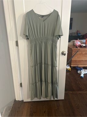 Smocked Waist Olive Green Maxi Dress with Flutter Sleeves